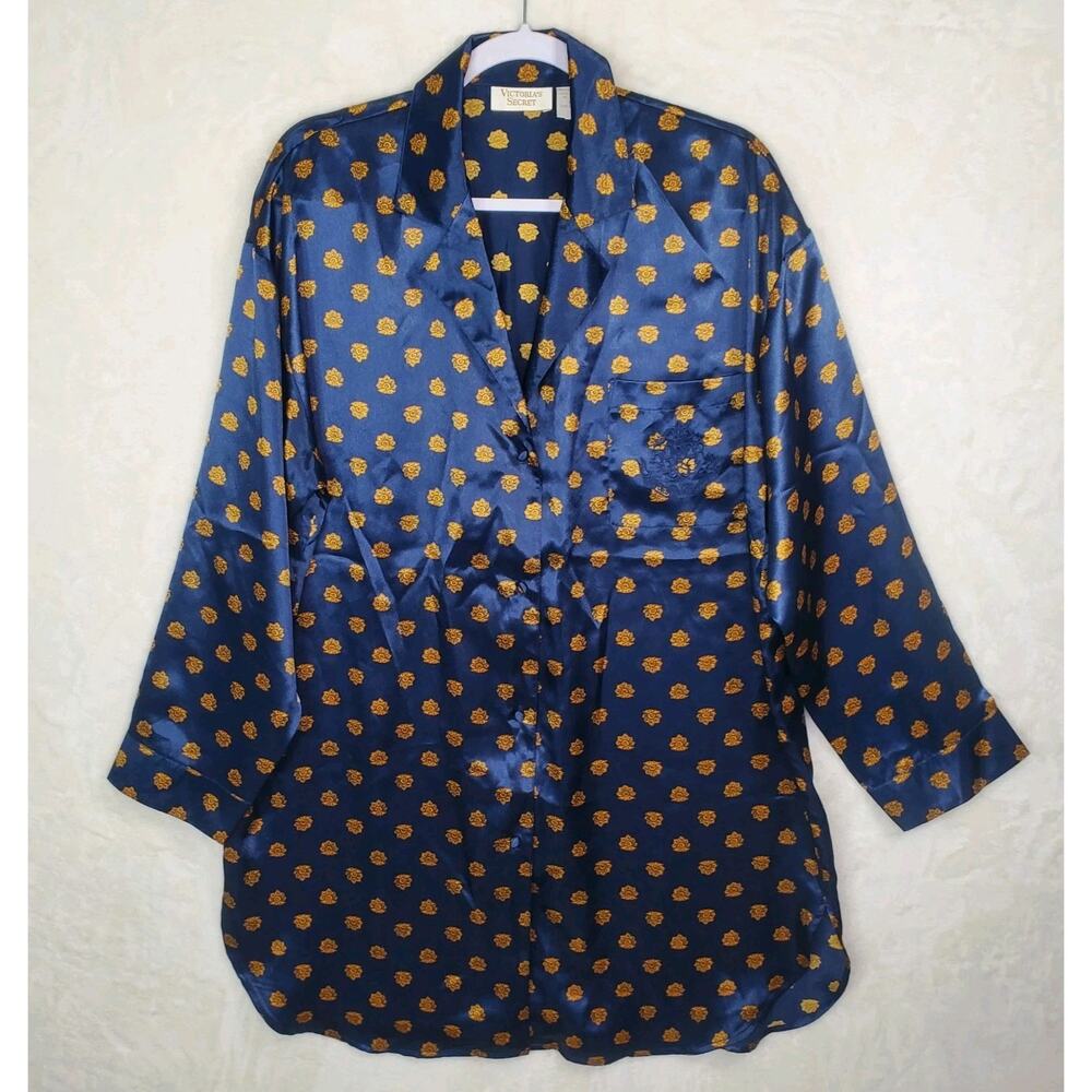 Vtg Victoria's Secret Gold Label Navy Satin Night Gown Sleep Shirt Large Button